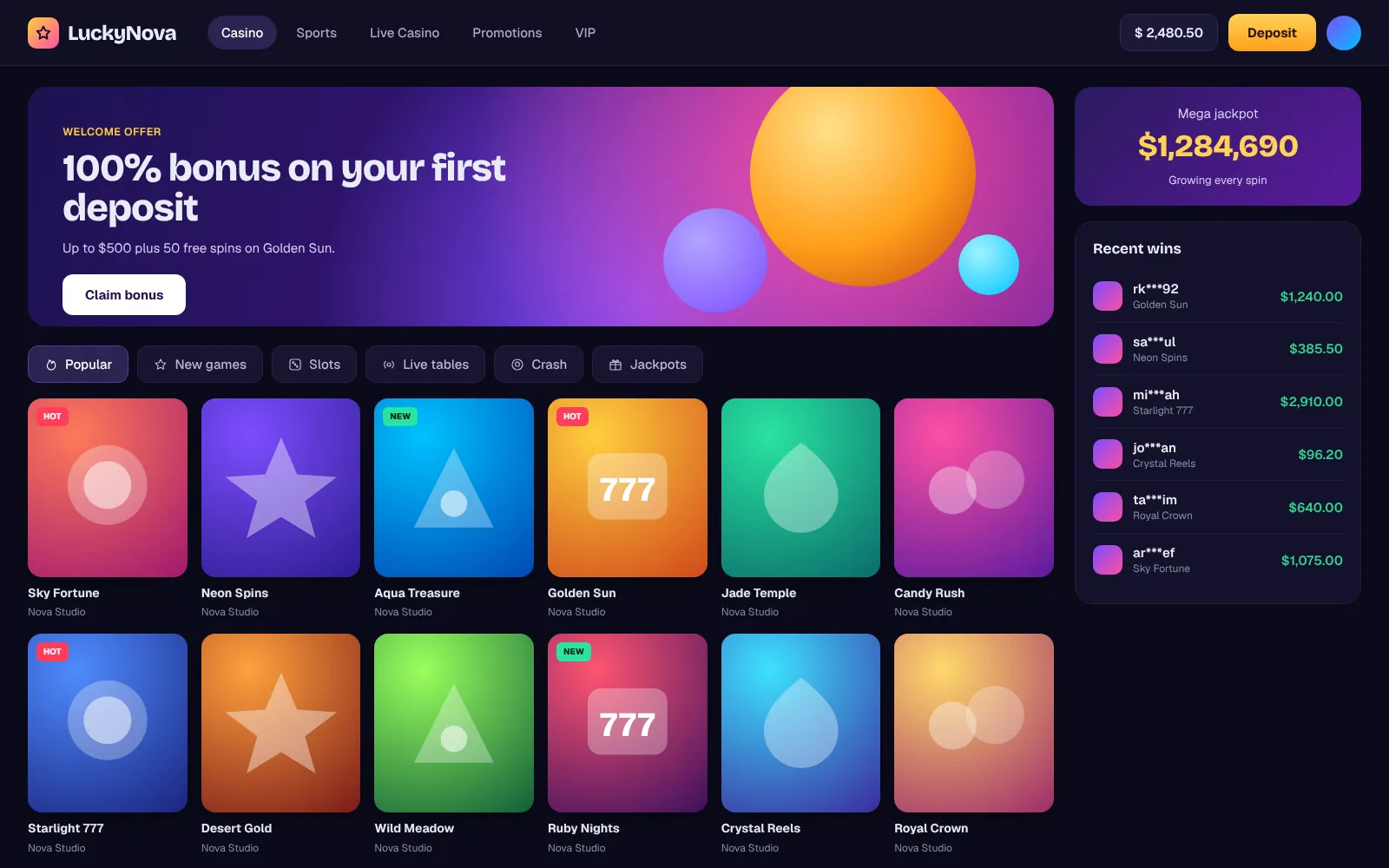 Online casino lobby concept with game tiles, welcome bonus banner and recent wins