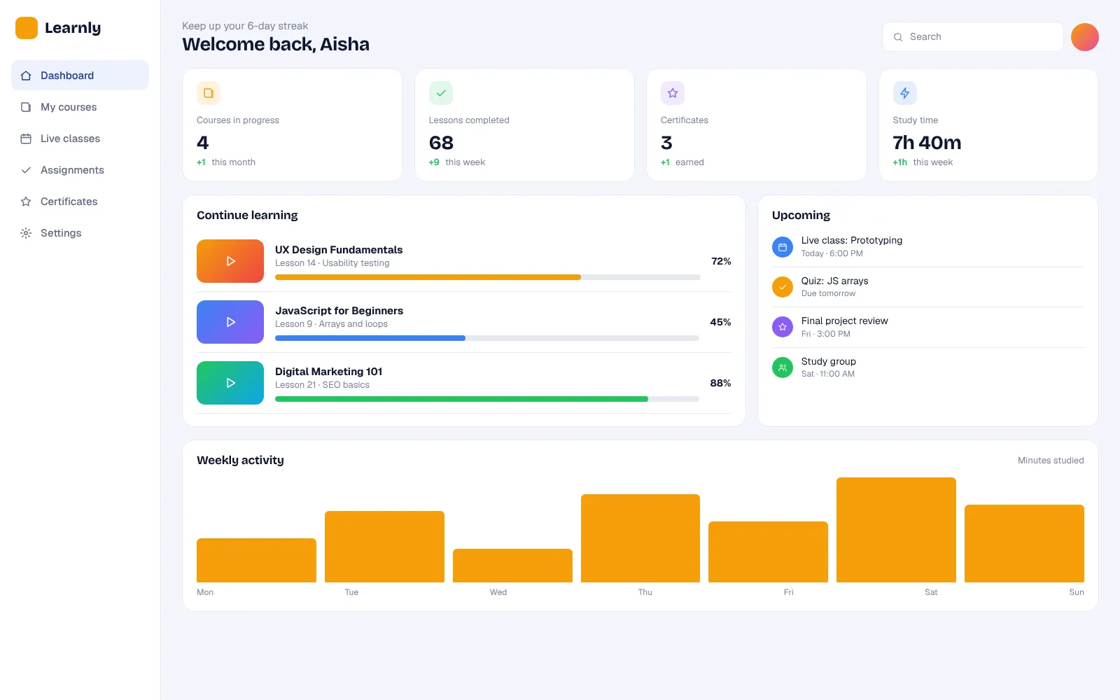 E-learning dashboard concept with course progress, lessons and upcoming classes